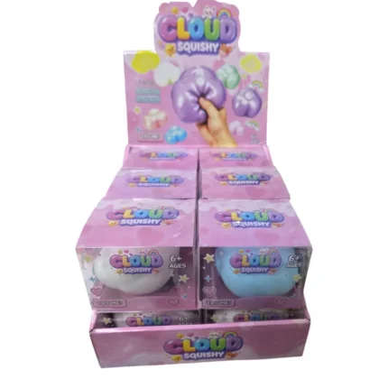 Crunchy Cloud Squishy Toy in blue and white colour options with retail display box, 12 pieces per box, 8×8cm, from SDMAX Toys Wholesaler.