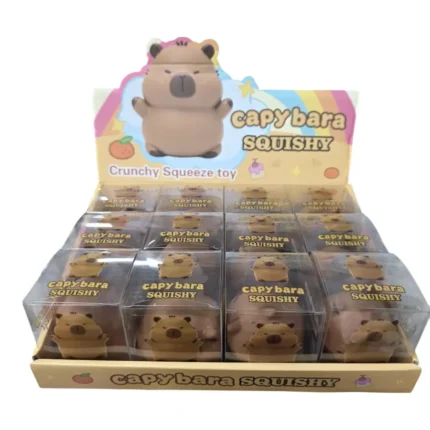 Crunchy Capybara Squishy Toy in brown with a cute animal face, individual clear packaging and 12-piece wholesale display box from SDMAX Toys Wholesaler.