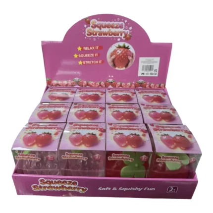 Vaseline Strawberry Squishy Toy in red strawberry design with green leaves, individual retail packaging and 12-piece wholesale display box, priced at £2.75 each by SDMAX Toys Wholesaler.