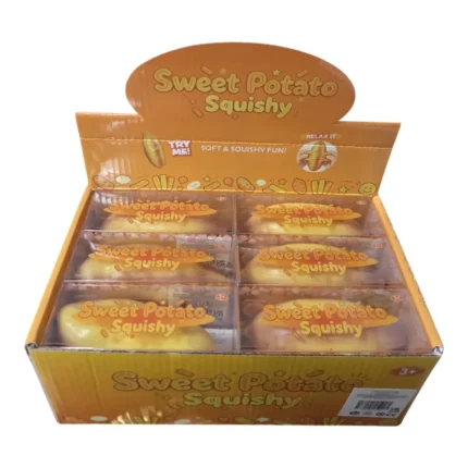 Sweet Potato Squishy Toy wholesale display showing golden-yellow sweet potato-shaped toys, individual packaging, retail display box, £2.50 each and 12 pieces per box – SDMAX Toys Wholesaler.