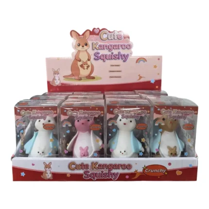 Cute Kangaroo Squishy Toy in pink, white and brown with baby kangaroo in pouch, individual packaging and wholesale display box, 10.5 × 5.5cm, £2.85 each – SDMAX Toys Wholesaler.