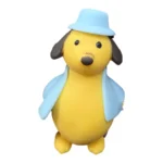 Cute Pet Puppy Squishy Toy featuring a yellow puppy with brown floppy ears, blue hat and blue outfit, individual packaging and wholesale display box, 10 × 6cm, £2.85 each – SDMAX Toys Wholesaler.