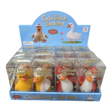 Cute Duck Squishy Toy featuring a yellow duck with an orange beak, brown floppy details, blue hat and blue outfit, individual packaging and wholesale display box, 10 × 6cm, £2.85 each – SDMAX Toys Wholesaler.