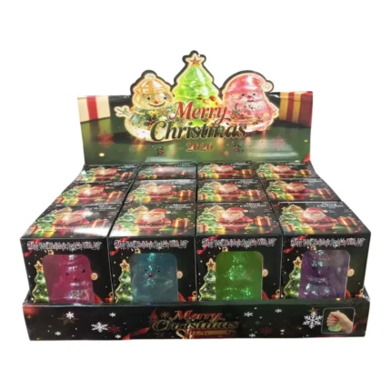 Merry Christmas Sugar Maltos Squishy Toys in assorted festive colours, including a purple snowman-style character and green and pink Christmas tree designs, with individual packaging and display box, 8 × 7cm, £2.75 each – SDMAX Toys Wholesaler.