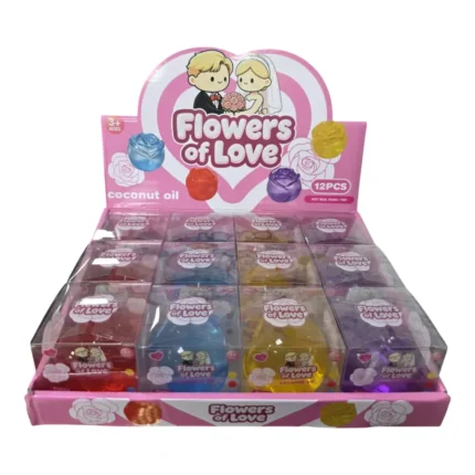 Flowers of Love rose-shaped novelty squeeze toys in red, blue, yellow and purple, displayed in a pink box of 12 by SDMAX Toys Wholesaler.