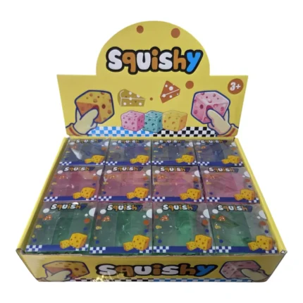 Squishy jelly cheese cube toys in assorted colours with wholesale display box, 6×6cm, 12 pieces per box, SDMAX Toys Wholesaler.