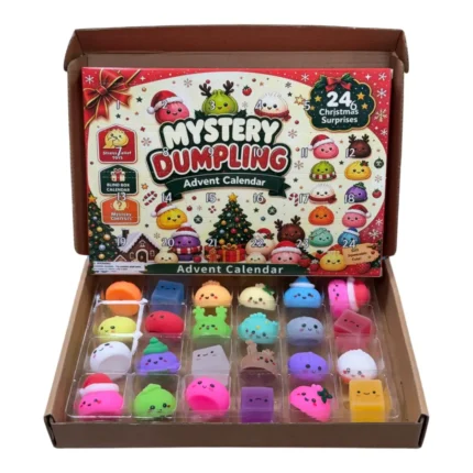 SDMAX Mystery Dumpling Advent Calendar Squishy Toy featuring colourful character-shaped toys in a Christmas-themed 24-compartment display box.
