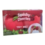 Jumbo red double cherry squishy toy with green stem, approximately 16 × 15 cm, shown with retail packaging and wholesale display box of 6.