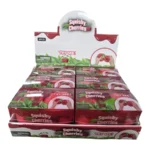 Jumbo red double cherry squishy toy with green stem, approximately 16 × 15 cm, shown with retail packaging and wholesale display box of 6.