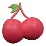 Jumbo red double cherry squishy toy with green stem, approximately 16 × 15 cm, shown with retail packaging and wholesale display box of 6.