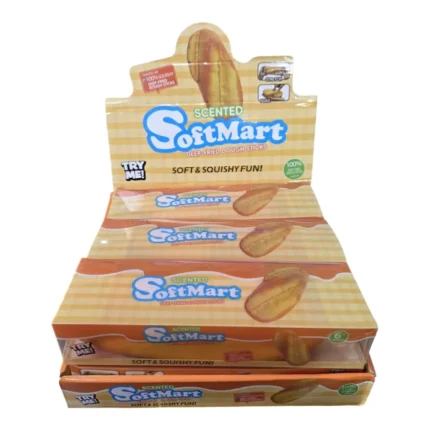 Jumbo scented deep-fried dough stick squishy toy in golden orange, approximately 22cm long, with retail packaging and wholesale display box from SDMAX Toys Wholesaler.