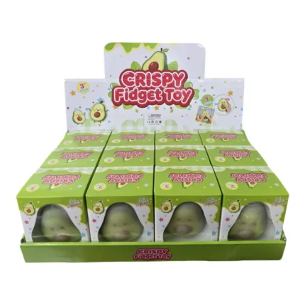 Crispy Avocado Squishy Fidget Toy featuring a cute light green avocado character with a brown centre, individual retail packaging, and a 12-piece wholesale display from SDMAX Toys Wholesaler.