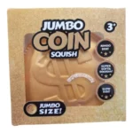 Jumbo Coin Squishy Toy in gold dollar coin design with retail packaging, 15 × 5 cm, advertised at £5.50 each and supplied in boxes of 6 by SDMAX Toys Wholesaler.