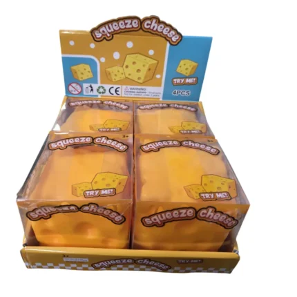 Jumbo yellow Cheese Block Squishy Toy shown in individual retail packaging and a four-piece display box, advertised at £5.50 each, size 11 × 11 cm, from SDMAX Toys Wholesaler.