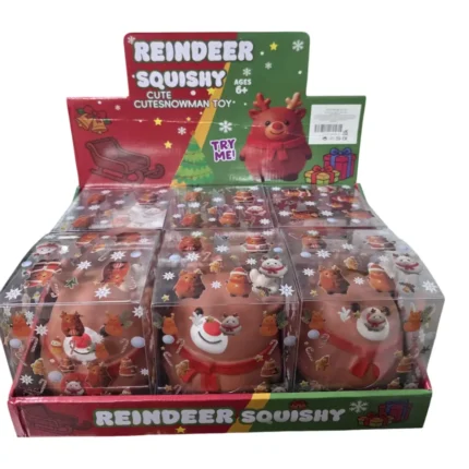 Jumbo Christmas reindeer squishy toy with red scarf, 15 × 14 cm, displayed with wholesale packaging from SDMAX Toys Wholesaler.