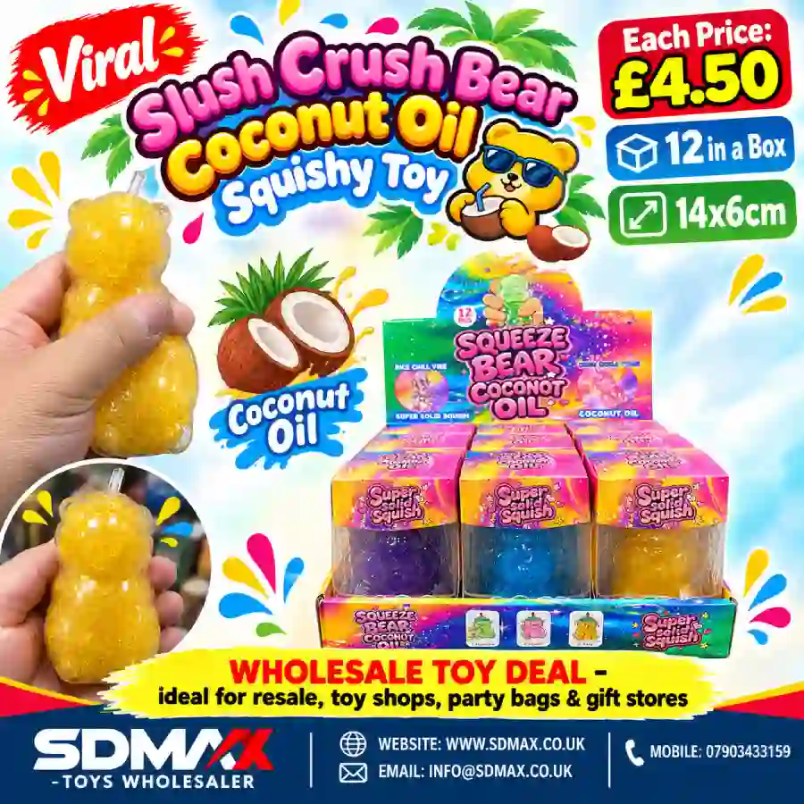 Wholesale Squishy Bear Toy Deal Buy Squish Crush Bear Coconut Oil Squishy Toys wholesale from SDMAX. Glittery bear design, 14 ร 6 cm, 12 pieces per box. Ideal for retailers and resellers.