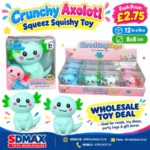 Shop cute Axolotl Squishy Toys wholesale at SDMAX Toys Wholesaler. Colourful animal-shaped squeeze toys, approx. 8 × 8 cm, in display boxes of 12. Ideal for toy shops and resellers.