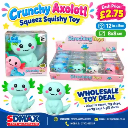 Shop cute Axolotl Squishy Toys wholesale at SDMAX Toys Wholesaler. Colourful animal-shaped squeeze toys, approx. 8 × 8 cm, in display boxes of 12. Ideal for toy shops and resellers.