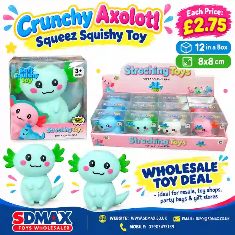 axolotl squishy toy wholesale, axolotl toys wholesale UK, axolotl squeeze toy, cute axolotl fidget toy, squishy toys wholesale Shop cute Axolotl Squishy Toys wholesale at SDMAX Toys Wholesaler. Colourful animal-shaped squeeze toys, approx. 8 ร 8 cm, in display boxes of 12. Ideal for toy shops and resellers.