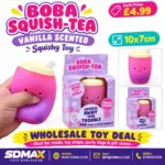 Boba Squish-Tea pink and purple vanilla scented squishy toy with smiling bubble tea design, retail packaging and wholesale from SDMAX Toys Wholesaler.