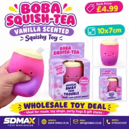 Boba Squish-Tea pink and purple vanilla scented squishy toy with smiling bubble tea design, retail packaging and wholesale from SDMAX Toys Wholesaler.