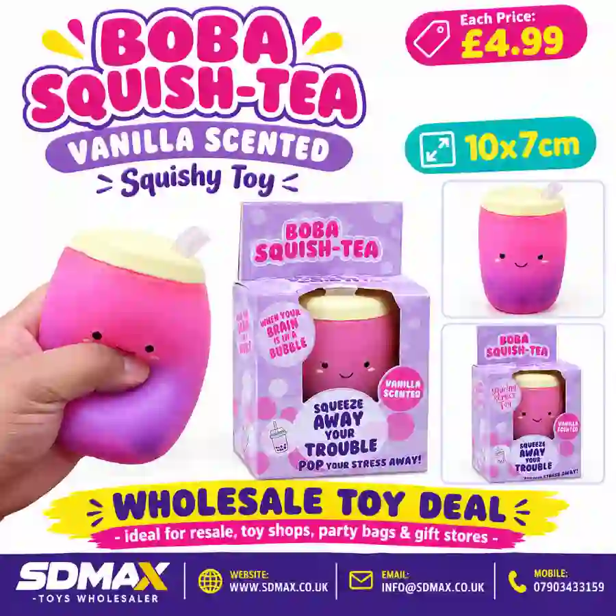 boba-squish-tea-vanilla-scented-squishy-toy-wholesale-sdmax Boba Squish-Tea pink and purple vanilla scented squishy toy with smiling bubble tea design, retail packaging and wholesale from SDMAX Toys Wholesaler.