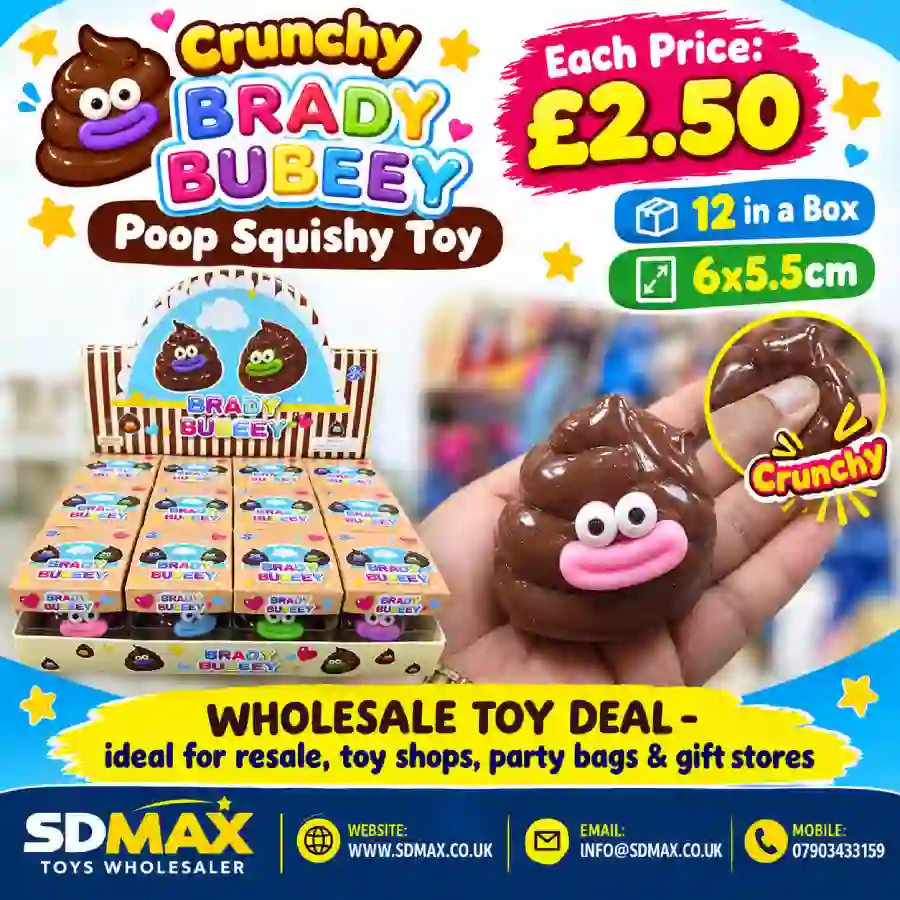 brady-bubeey-poop-squishy-toy-wholesale-sdmax Brady Bubeey brown poop-shaped squishy toy with pink smile, individual packaging and 12-piece wholesale display by SDMAX Toys Wholesaler.