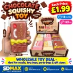 Chocolate bar-shaped squishy novelty toys in brown, pink and cream, individually wrapped and displayed in a wholesale box of 12.