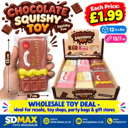 Chocolate bar-shaped squishy novelty toys in brown, pink and cream, individually wrapped and displayed in a wholesale box of 12.
