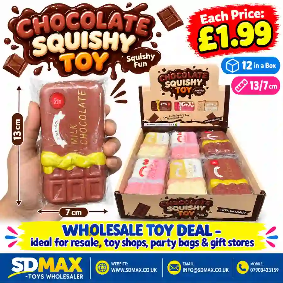 chocolate-squishy-toy-wholesale-sdmax Chocolate bar-shaped squishy novelty toys in brown, pink and cream, individually wrapped and displayed in a wholesale box of 12.
