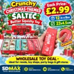 Christmas-themed Salteo butter squishy toy in festive packaging with 12-piece wholesale display box