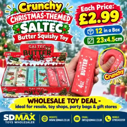 Christmas-themed Salteo butter squishy toy in festive packaging with 12-piece wholesale display box