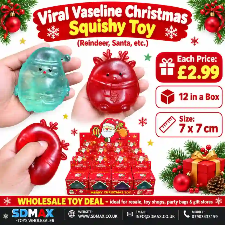 christmas-squishy-toy-santa-reindeer-wholesale-sdmax Christmas Santa and reindeer squishy novelty toys in a 12-piece wholesale display box by SDMAX Toys Wholesaler