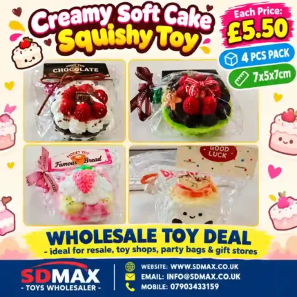 Creamy Soft Cake Squishy Toy four-piece pack featuring assorted colourful cake designs with cream-style toppings, strawberry decorations and chocolate details, sold wholesale by SDMAX Toys Wholesaler.