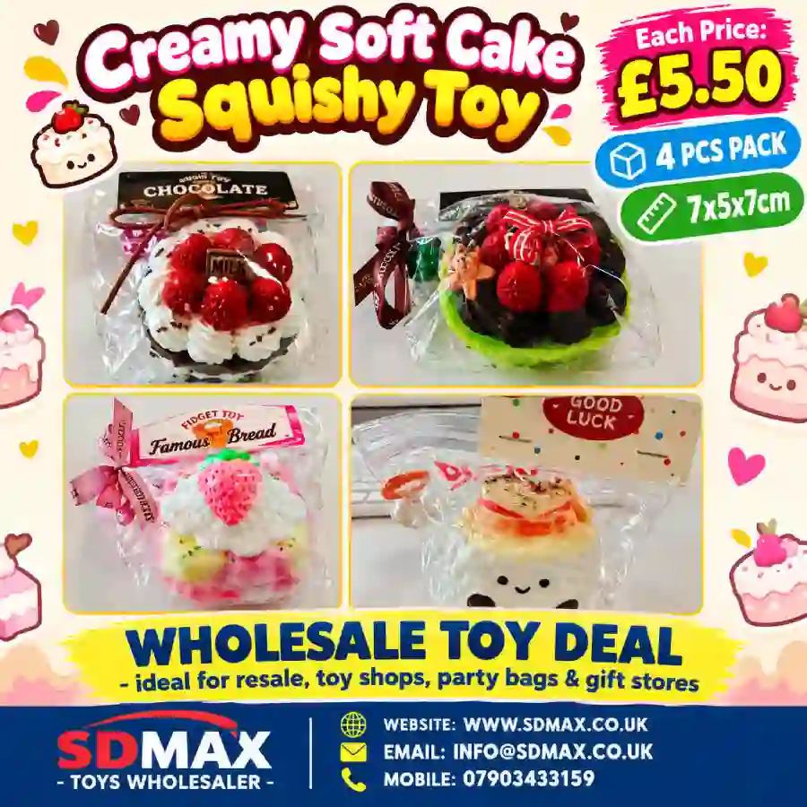 creamy-soft-cake-squishy-toy-wholesale-sdmax Creamy Soft Cake Squishy Toy four-piece pack featuring assorted colourful cake designs with cream-style toppings, strawberry decorations and chocolate details, sold wholesale by SDMAX Toys Wholesaler.