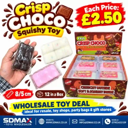 Crisp Choco Squishy Toy chocolate bar designs in brown, pink and cream colours with wholesale display box of 12, approximately 8 × 5 cm, sold by SDMAX Toys Wholesaler.