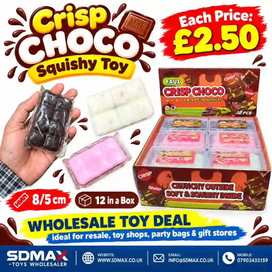 crisp-choco-squishy-toy-wholesale-sdmax Crisp Choco Squishy Toy chocolate bar designs in brown, pink and cream colours with wholesale display box of 12, approximately 8 × 5 cm, sold by SDMAX Toys Wholesaler.