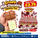 Crispy milk chocolate squishy toys in brown and cream chocolate-bar designs, displayed with wholesale retail boxes of 12 pieces.