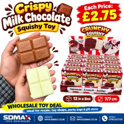 Crispy milk chocolate squishy toys in brown and cream chocolate-bar designs, displayed with wholesale retail boxes of 12 pieces.