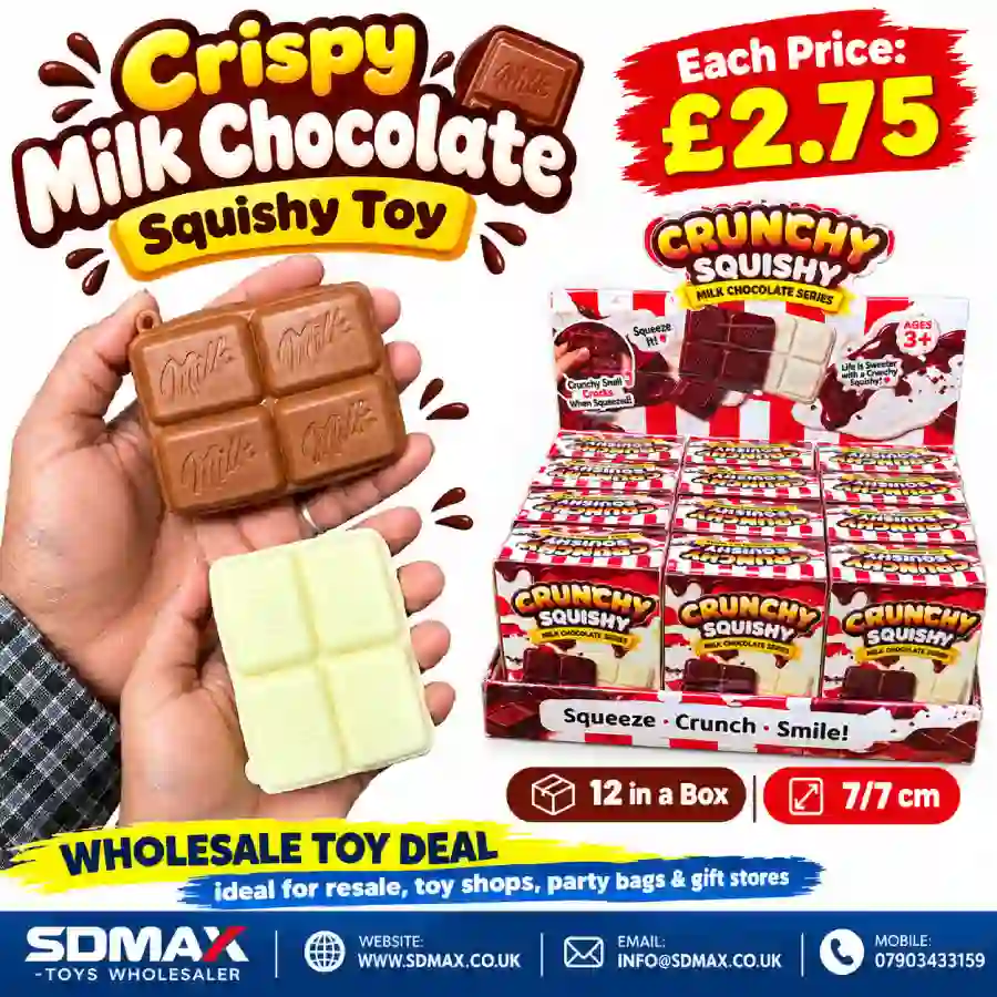 crispy-milk-chocolate-squishy-toy-wholesale-sdmax Crispy milk chocolate squishy toys in brown and cream chocolate-bar designs, displayed with wholesale retail boxes of 12 pieces.