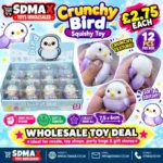 Crunchy Bird Squishy Toy in white and purple with textured surface, individual retail packaging and 12-piece wholesale display by SDMAX Toys Wholesaler