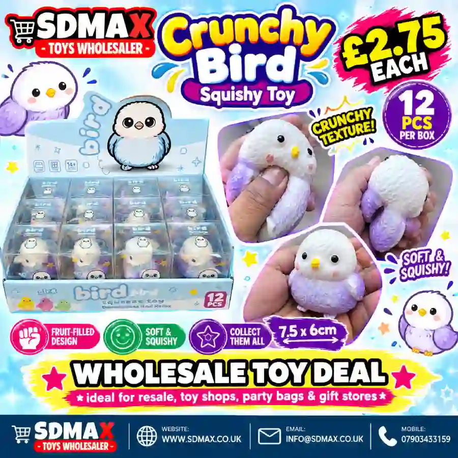 crunchy-bird-squishy-toy-wholesale-sdmax Crunchy Bird Squishy Toy in white and purple with textured surface, individual retail packaging and 12-piece wholesale display by SDMAX Toys Wholesaler