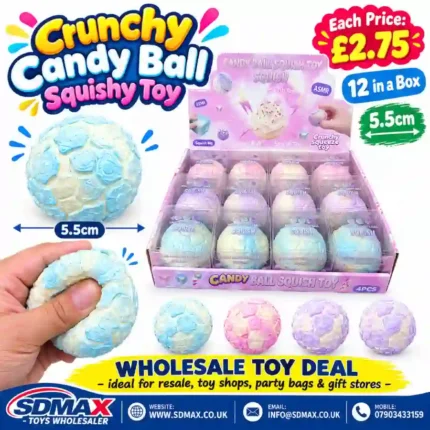Crunchy Candy Ball Squishy Toy – 5.5cm, Assorted Colours, Box of 12 Wholesale