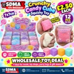 Colourful Crunchy Candy Cube Squishy Toys in pink, purple, yellow, blue and white, approximately 7 × 7 cm, displayed in a 12-piece wholesale box from SDMAX Toys Wholesaler.