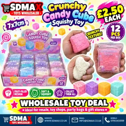 Colourful Crunchy Candy Cube Squishy Toys in pink, purple, yellow, blue and white, approximately 7 × 7 cm, displayed in a 12-piece wholesale box from SDMAX Toys Wholesaler.