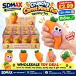 Crunchy Carrot Pinch Fun orange squishy toy with green leaves – SDMAX Toys Wholesaler