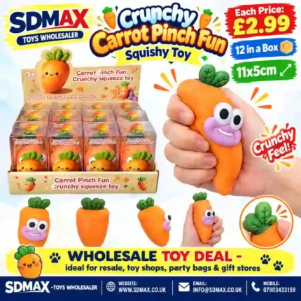 Crunchy Carrot Pinch Fun orange squishy toy with green leaves – SDMAX Toys Wholesaler