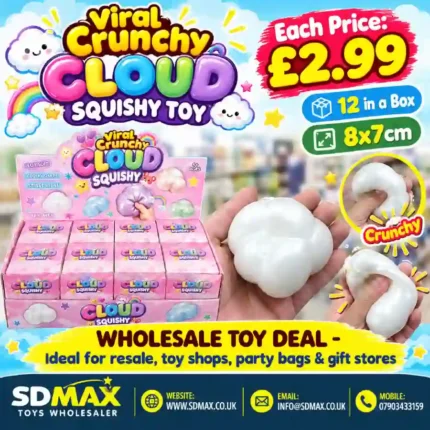 Crunchy Cloud Squishy Toy in pearl white with pink individual packaging and 12-piece wholesale display