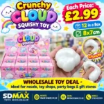 Crunchy Cloud Squishy Toy in pearl white with pink individual packaging and 12-piece wholesale display