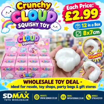 Crunchy Cloud Squishy Toy in pearl white with pink individual packaging and 12-piece wholesale display